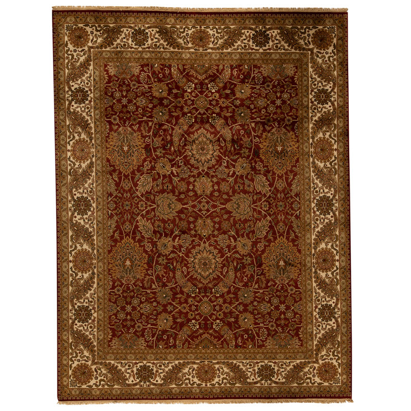 Hand Knotted Wool Area Rug in Red And Ivory
