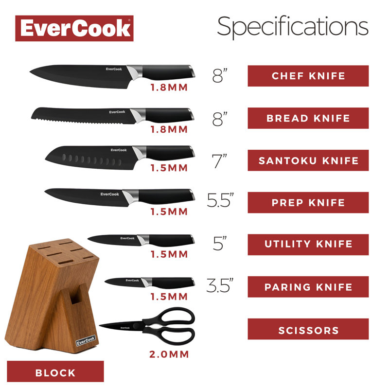 Ensemble de couteaux EverCook 8 pièces, lame noire mate, poignée noire, bloc de bois d'acacia, Black, Black