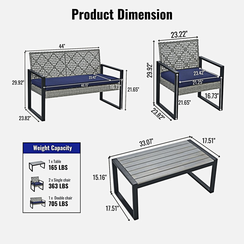 4-Piece Outdoor Patio Furniture Set, Blue, Light Gray
