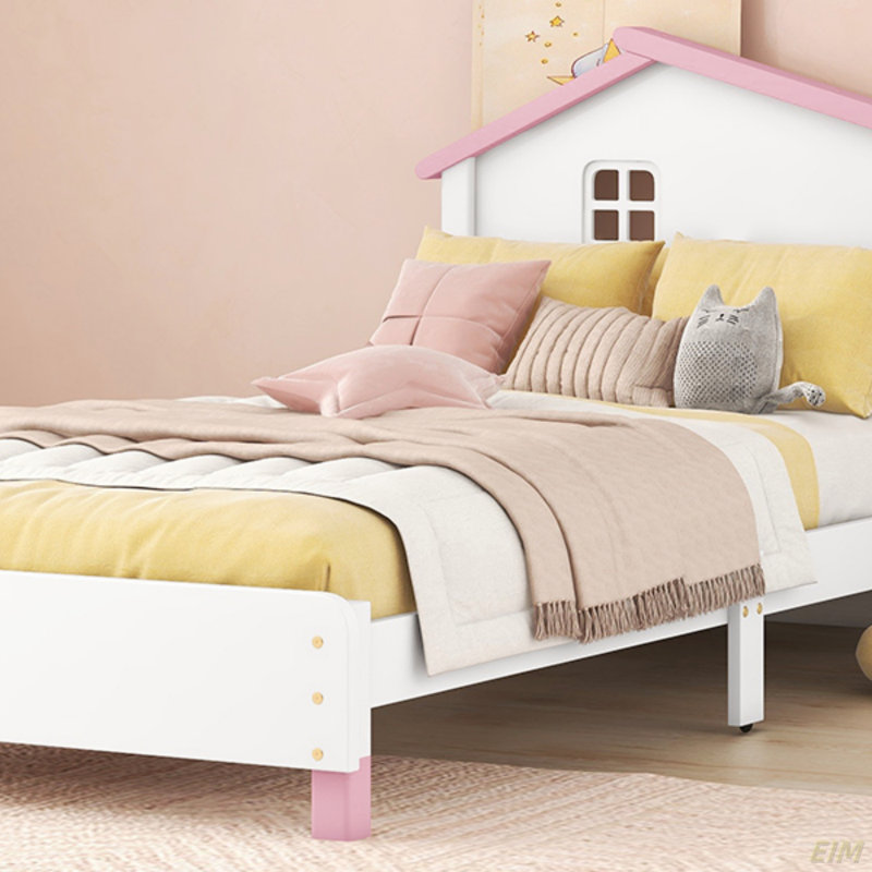 Lit plateforme en bois avec tête de lit en forme de maison (lit), Lit simple, Blanc / Rose