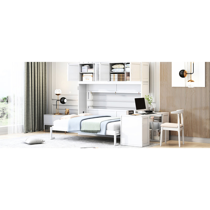 Lit à fixation murale grand format à économie d'espace avec bureau réglable et armoires de rangement, idéal pour un bureau pour matelas de 6 à 8 pouces, rangement, support de poids de 600 lb