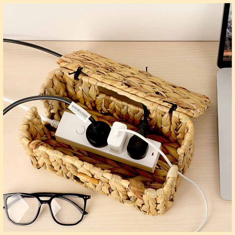 Small Water Hyacinth Woven Cable Management Box with Lid, 2 Open Slots Cord Organizer, Pet Proof Wire Hider for Power Strip & USB Hub