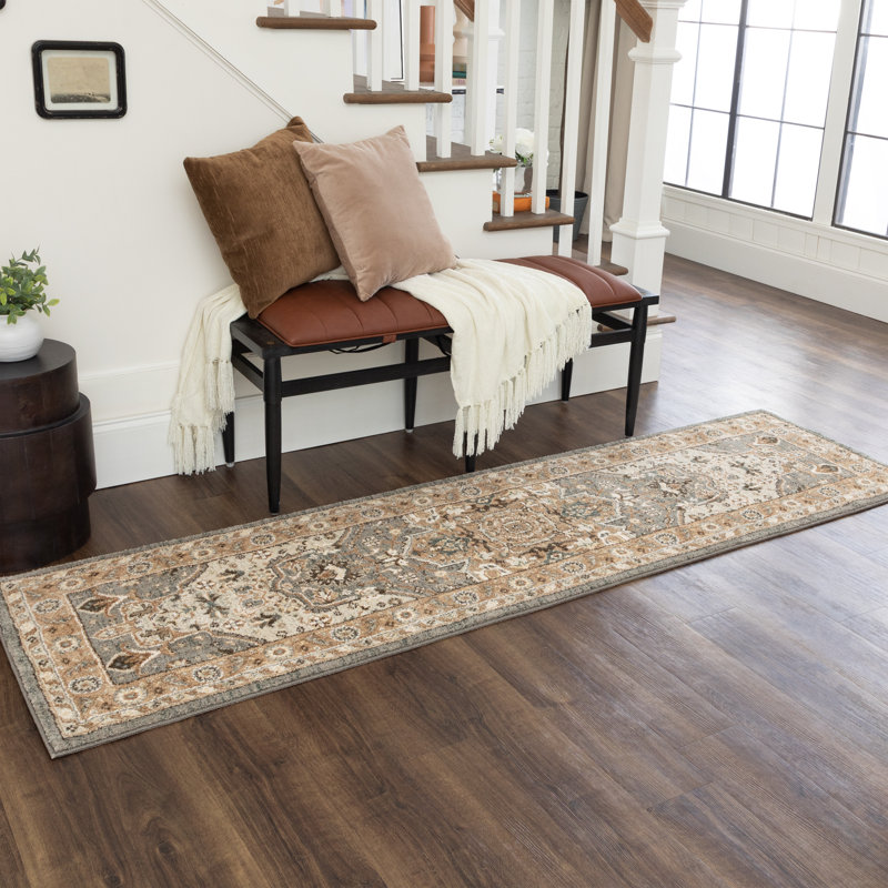Gray and Beige Wool Synthetic Medallion Runner Rug