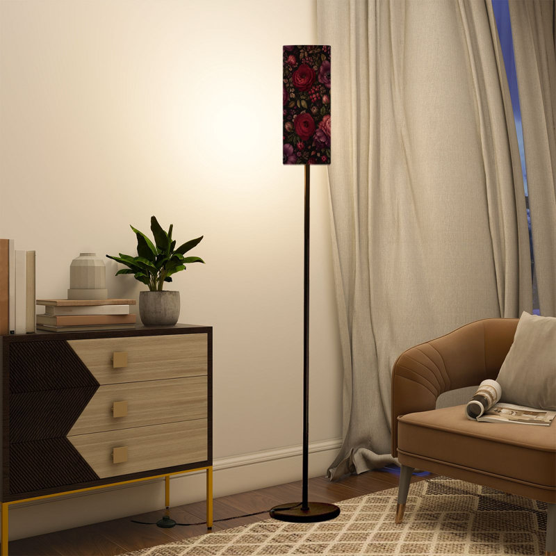 PeeNoke 68.5" Standing Floor Lamp Dark Floral Burgundy Purple Black Flowers Black Dimmable Metal Pole Lamp with Linen Lampshade LED Bulb Included