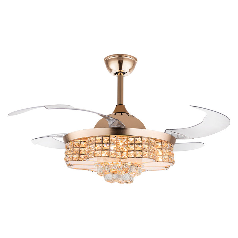 Ventilateur de plafond en cristal moderne rétractable 4 pales de 42 pouces avec lumières DEL et télécommande