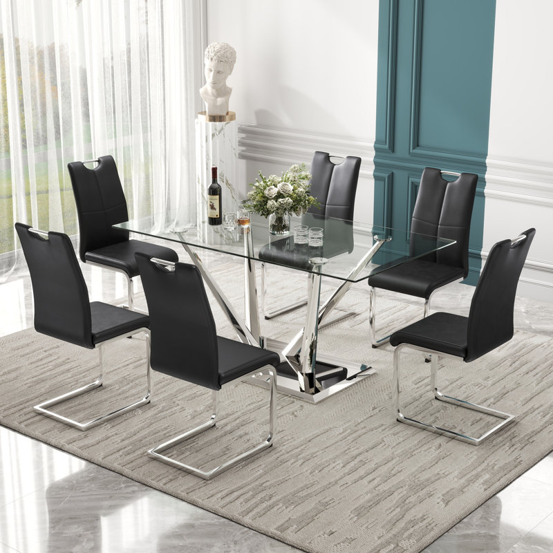 Ensemble de salle à manger rectangulaire à piédestal en verre trempé, 7, Noir, Argent argent