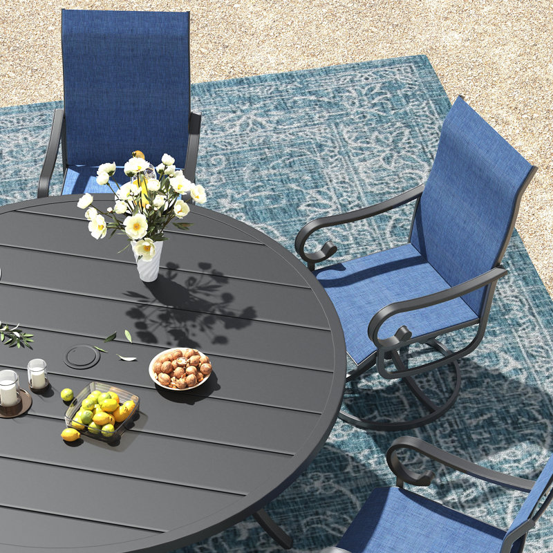 6-Person Patio Dining Set with 50" Round Metal Dining Table and 6 Swivel PVC-coated polyester Chairs, Black/Blue