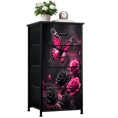 Commode pour la chambre à coucher avec 4 tiroirs de rangement Papillon rose vif planant avec des roses noires et des commodes mystiques foncées Commode en acier pour garde-robe de dortoir