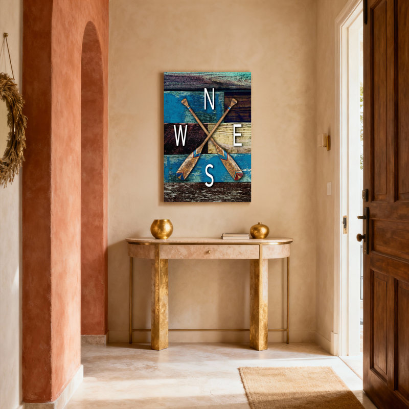 Ensemble de 1 tableau sur toile tendue représentant des rames croisées et les points cardinaux, H 48 po x l 32 po