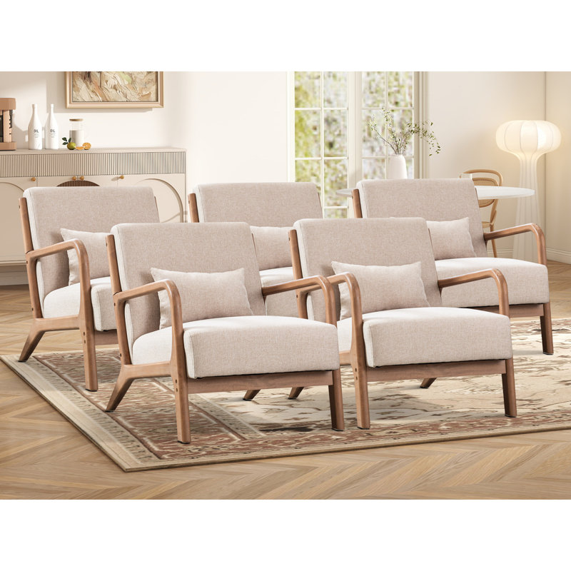 Cashel 25.78" Wide Mid Century Upholstered Accent Chair with an Extra Pillow(Set of 5), Beige