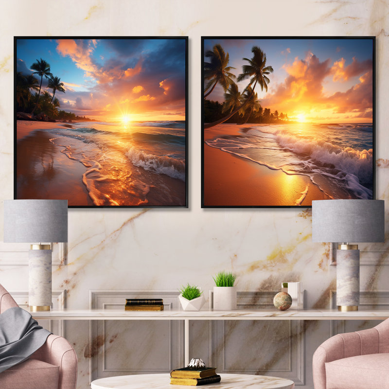 Beach Photo Sunset Serenade VII - Ensemble de 2 paysages carrés, Cadre flottant noir, H 36 po x l 73 po