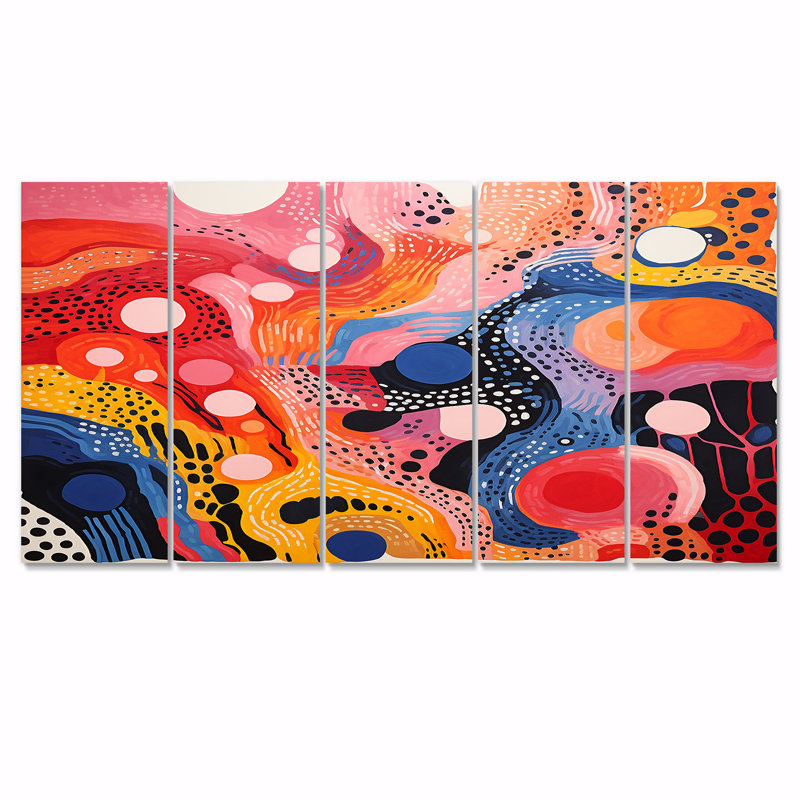 "Bubble Colorfields", couleurs primaires rétro - vagues fractales, art mural 5 pièces, H 28 po x l 60 po