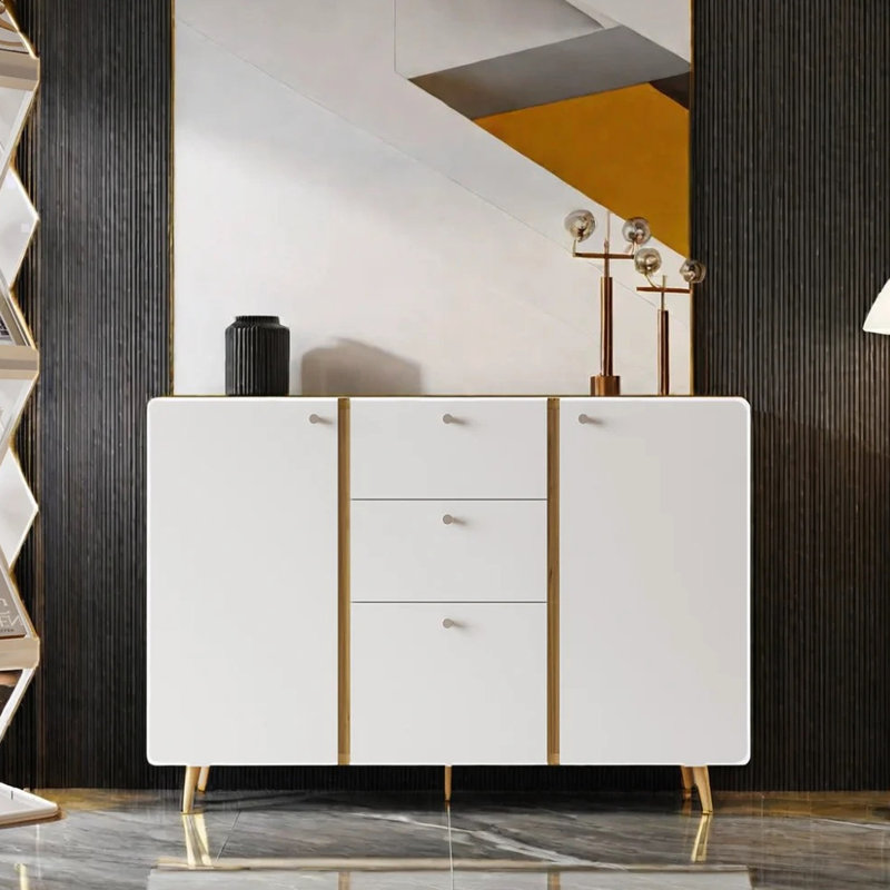 3 Drawers & 2 Doors Buffet Sideboard. White Cabinet For Kitchen. Adjustable Shelves, 47.59" X 15.6" 34.78", 70 Lbs Capacity Living Room, Bedroom. Drawers, With Shelves. White, Particle Board+, 80.72