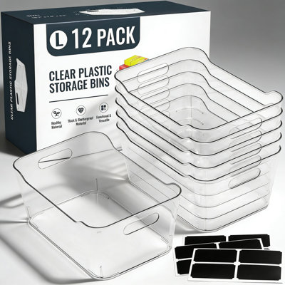 Ensemble de 12 bacs de rangement en plastique transparent avec étiquettes - Contenants de rangement polyvalents pour la maison, le garde-manger, le réfrigérateur, la salle de bain et le bureau - Conception durable sans BPA avec poignées