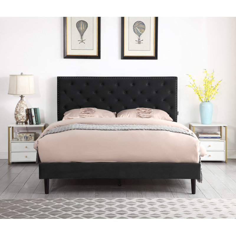 Avrah Upholstered Wingback Bed, Black, Queen