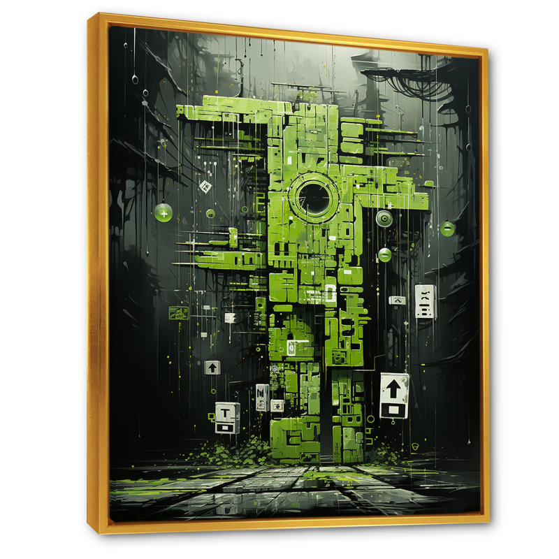 «Green Maya Shapes Mask I» - Décoration murale abstraite, Cadre flottant doré, H 44 po x l 34 po x P 1,5 po