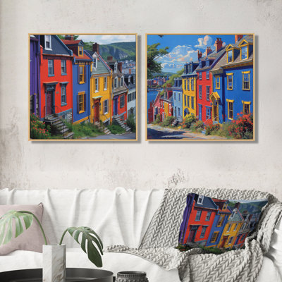 Colourful Canada St John Row Houses in the Summer I - Canada Wall Art - Traditional Wall Art Decor Set 2 Piece