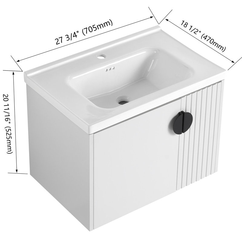 Meuble-lavabo mural simple 28 po avec 2 portes à fermeture douce et plateau en céramique Ludaway, Blanc