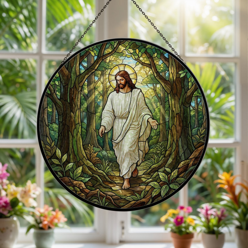 Jesus Forest Stained Glass Window Panel，7.8H, 7.8"H