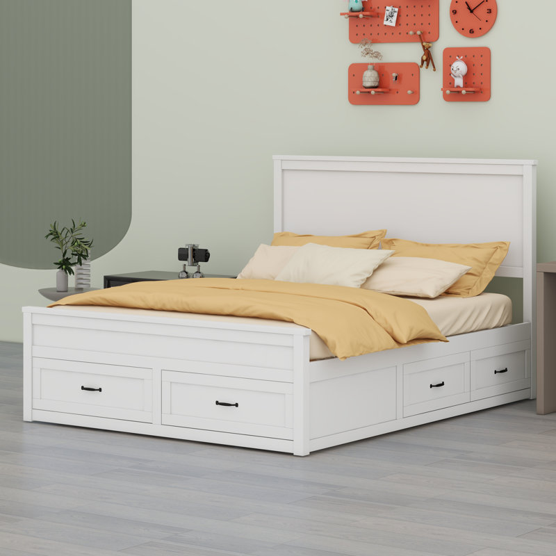 Base de lit en bois avec tiroirs, Blanc