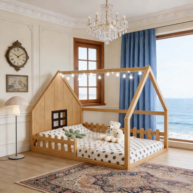 Lit double en bois avec fenêtre et clôture, Naturel