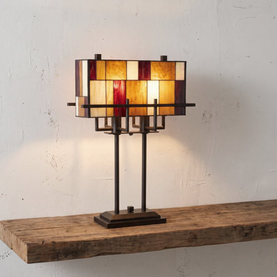 Lampe de table de style Tiffany avec abat-jour en verre coloré - lampe en verre coloré de style mission pour le bureau, le salon ou la chambre à coucher - lumière vintage avec 2 ampoules DEL incluses (bronze)