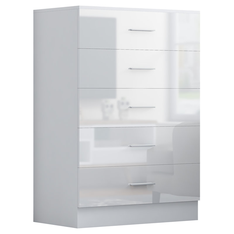 Eva High Gloss 5 Drawer Chest Of Drawers - H: 100cm x D: 40cm x W: 70cm, Matte White/Gloss White