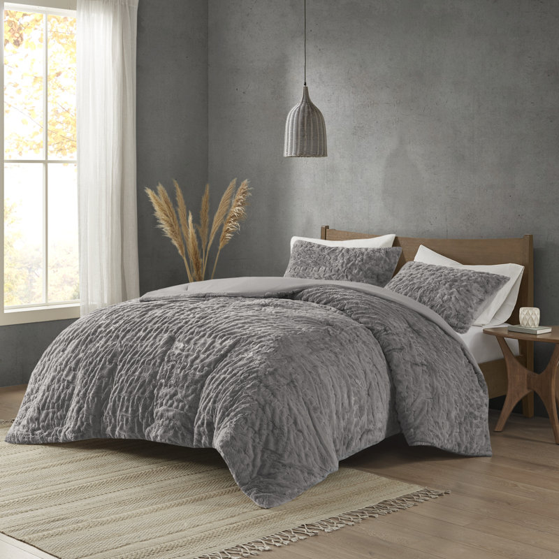 Blair Ruched Faux Fur Comforter Set, Full/Queen Comforter + 2 Standard Shams, Gray