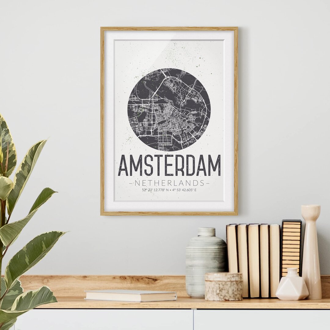 Gerahmtes Papierbild Stadtplan Amsterdam - Retro