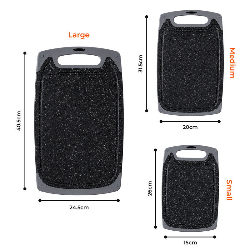 Granite Effect Non-Slip Chopping Board Set with Handles, Set of 3 - Grey & Black