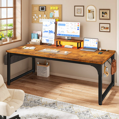 55"W Computer Desk with Monitor Stand & 24mm Thicker Desktop Home Office Desk with Power Outlets, LED Lights, Headphone Hooks & Storage Pocket