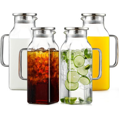 4 Pack 2 Liters Square Glass Pitcher With Lid And Handle For Fridge Iced Tea And Coffee Carafe Beverage Heat Resistant Borosilicate Water Jug For Hot Cold Drinks And Milk
