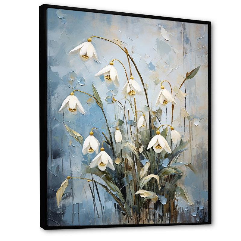Minimalisme bleu et blanc «Snowdrops Harmony II», impressions d'art sur neige, H 32 po x l 24 po, Cadre flottant noir