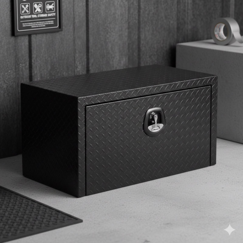 Boîte de rangement robuste pour outils en aluminium, d'une longueur de 36 pouces, conçue pour être installée sous le lit; Le coffre d'organisation sécuritaire comprend une serrure et des clés, une fabrication résistante aux intempéries, une texture de plaque de diamant très épaisse, une finition noir mat