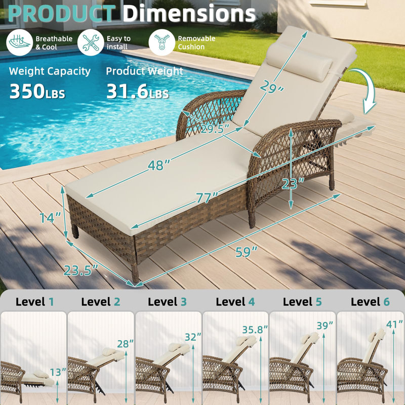 Outdoor Wicker Chaise Lounge Chair, All-weather Pe Rattan Cushioned Patio Lounger Chair, 6-position Adjustable Pool Sunbathing Recliner With Armrest & Pillow For Poolside Deck Yard, Beige