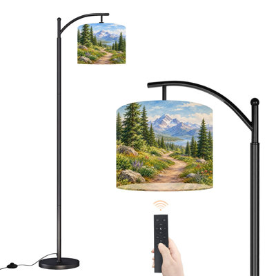 Arc Floor Lamp with Adjustable Lampshade Mountain Forest Trail Standing Lamp 3 Color Temperatures Dimmable Tall Pole Lamp with Foot Switch for Bedroom
