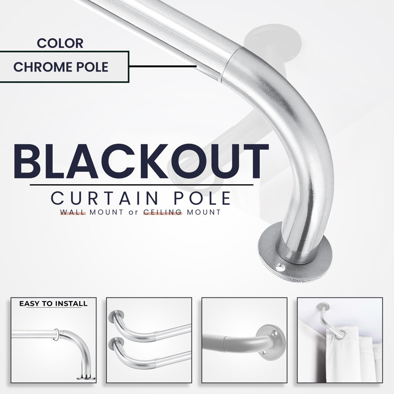 Coppell Extendable Metal Single Curtain Pole Room Darkening Curtain Rod, Chrome, 5cm H x 70cm W x 3cm D