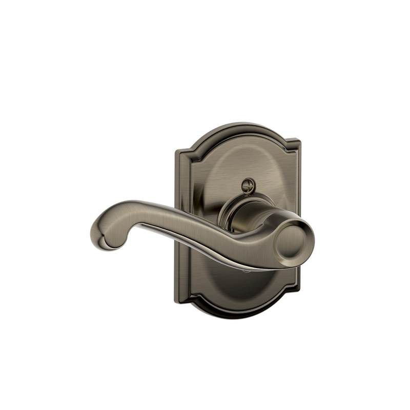 Flair Lever with Camelot Trim Non-Turning Lock, Antique Nickel, Left Hand