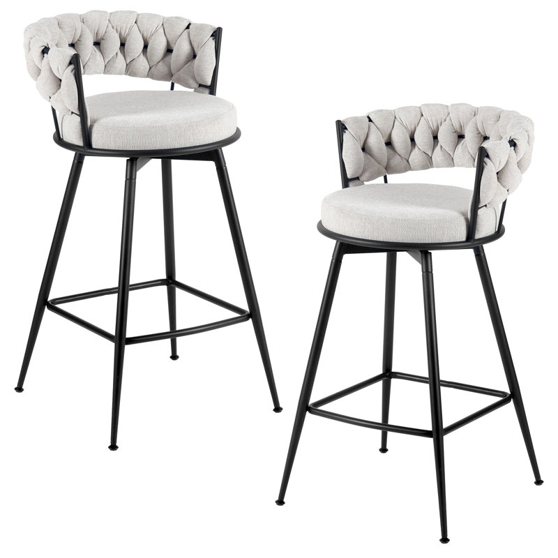 Modern Beige Upholstered Bar Stool With Woven Look Backrest & Fixed Black Metal Frame Stable Counter Height Stool For Kitchen Breakfast Bar Or Cafe, Set Of 2