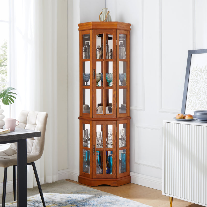 Armoire d'angle avec 5 tablettes et système d'éclairage, chêne (ampoule E26 non incluse)