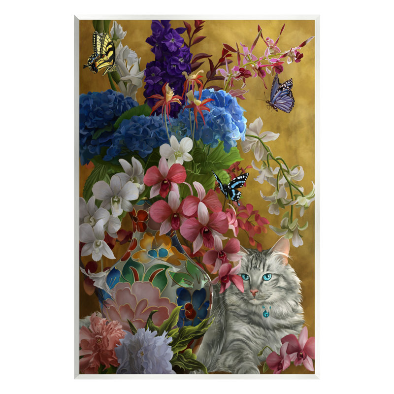 Gilded Cat and Flowers Vintage MDF Wood Wall Plaque