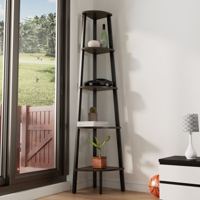 Bibliothèque d'angle à 5 niveaux avec structure en métal - 62,2 "Support à plante échelle pour salle de bain, petit espace, brun rustique