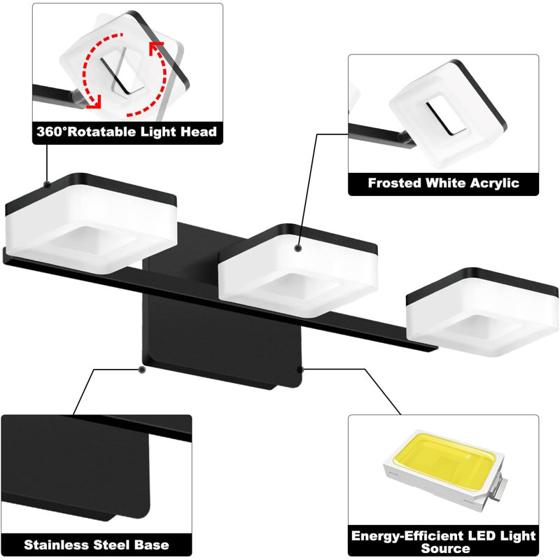 3-Light Bathroom Dimmable LED Vanity Light, Black