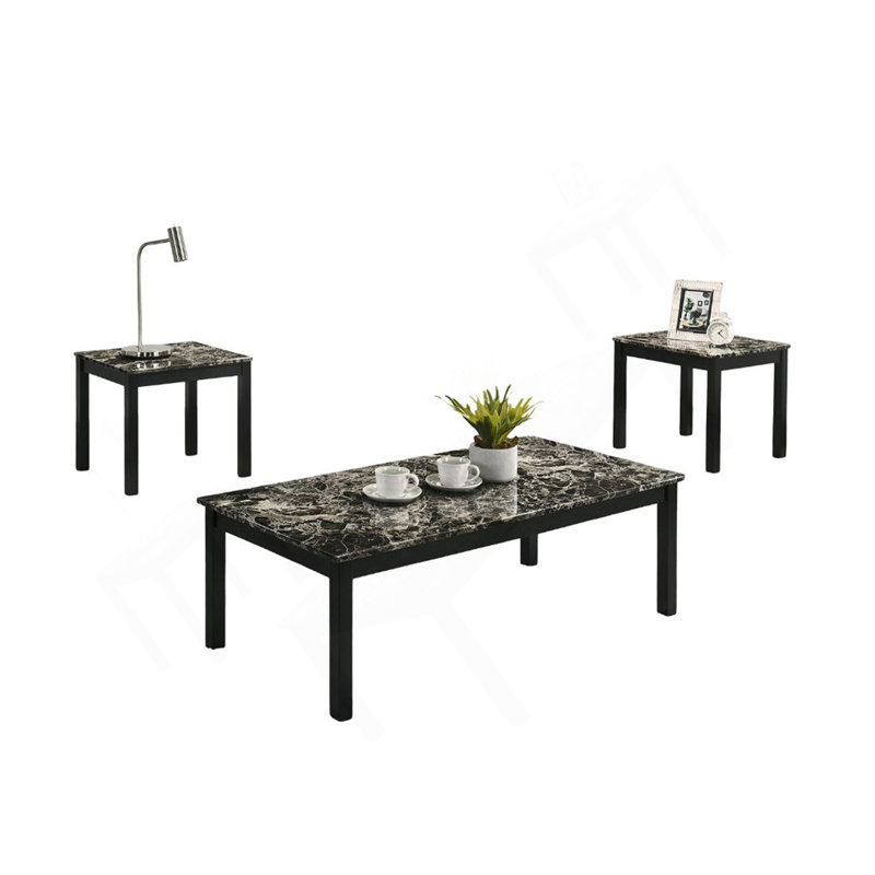 Ensemble de table 3 pièces de style contemporain 1 table basse 1 table de bout 2 x plateau en faux marbre avec pieds en bois au fini noir et blanc
