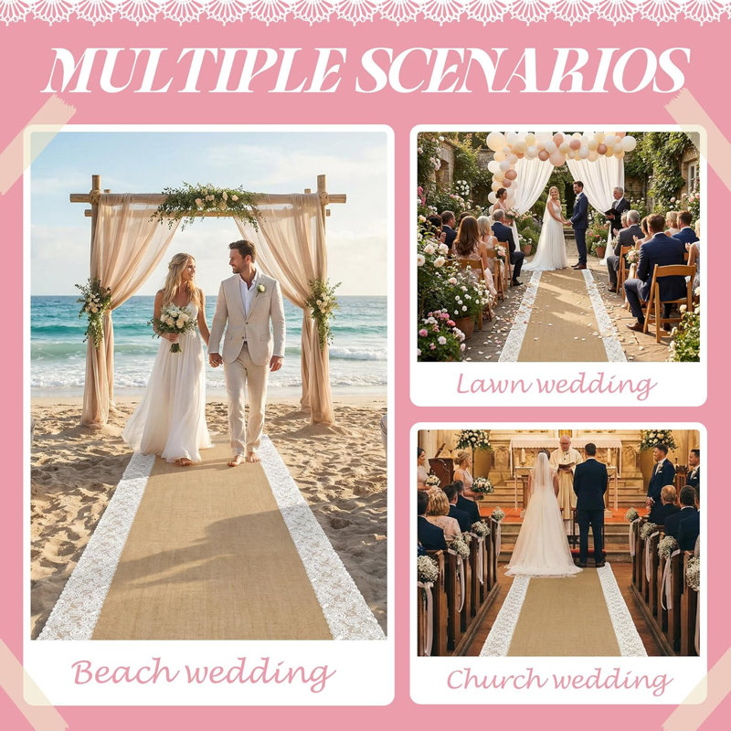 Tapis de couloir de mariage en jute rustique avec dentelle 15 pi x 36 po