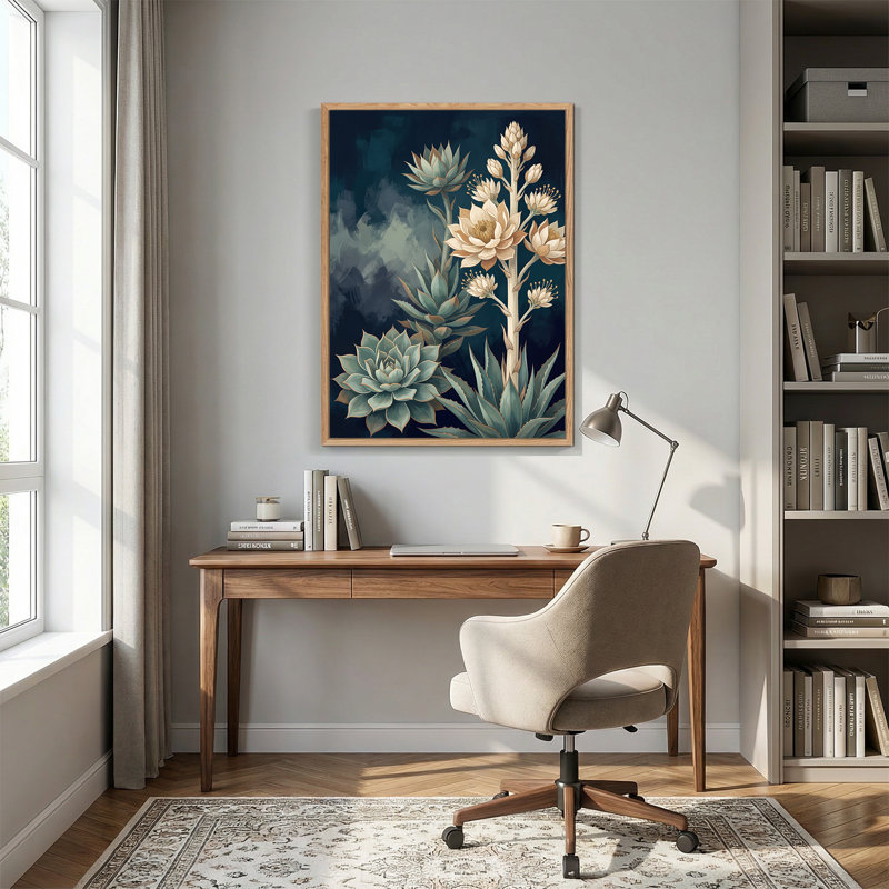 Toile bleu sarcelle, plantes grasses et crème sur un fond bleu foncé, 48"H x 32"W