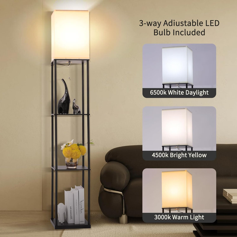 Modern Floor Lamp With Shelves, Adjustable 3-Colour Temperature LED Bulb, Corner Display Bookshelf Lamp For Living Room, Bedroom, And Office