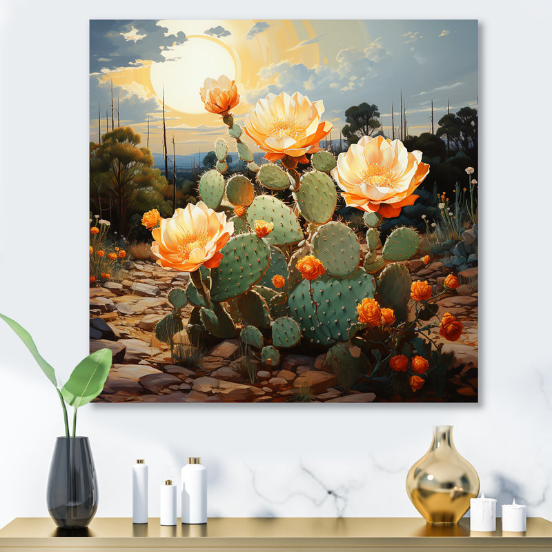 Cactus floral, coucher de soleil, désert à Salvador - désert, art mural en métal, H 36 po x l 36 po