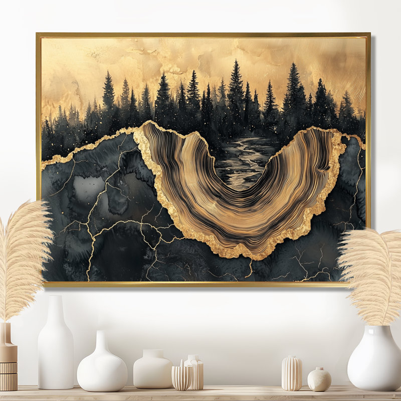 Forêt forêt de cristal onyx noir V - forêt, art mural, H 30 po x l 40 po, Avec cadre, Doré
