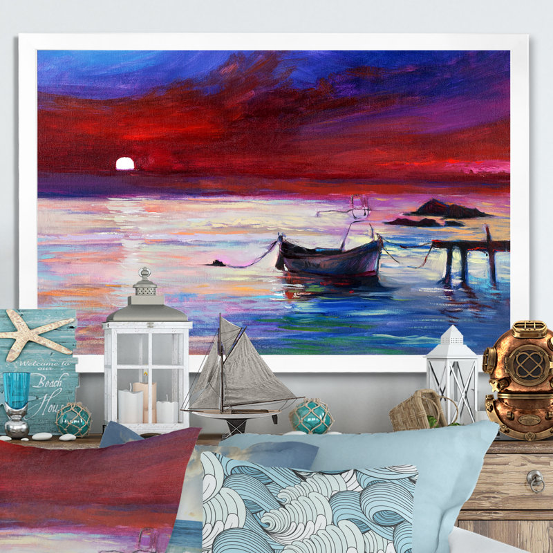 Bateau sur un coucher de soleil mauve - reproduction d'art sur toile, Cadre photo blanc, H 24 po x l 36 po x P 1 po